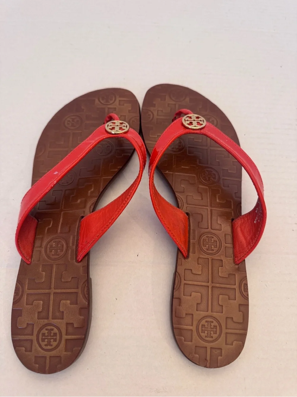 Tory Burch Womens 8M Thora Patent Leather Thong Flip Flops Flats Red Summer Pool